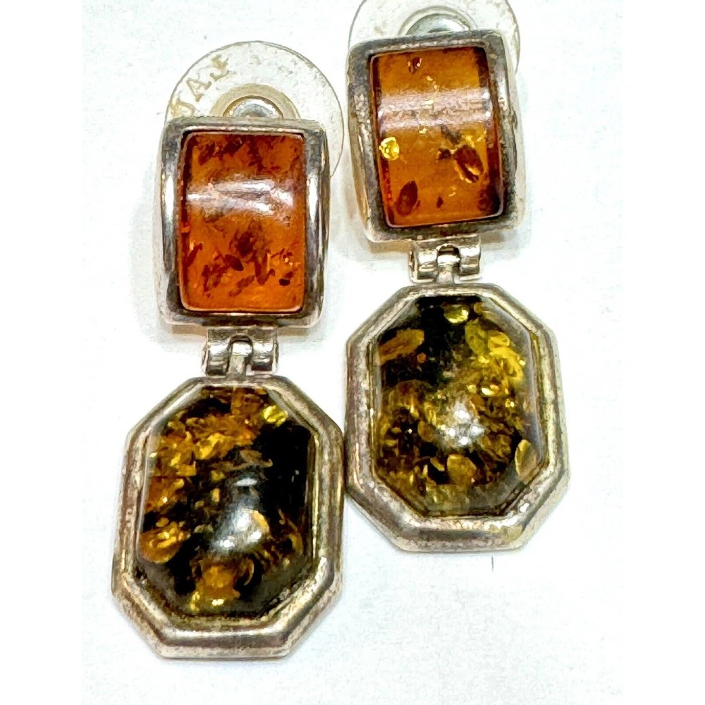 Vintage Sterling Silver Spangled Amber Dangle/Drop Post Back Earrings Tested